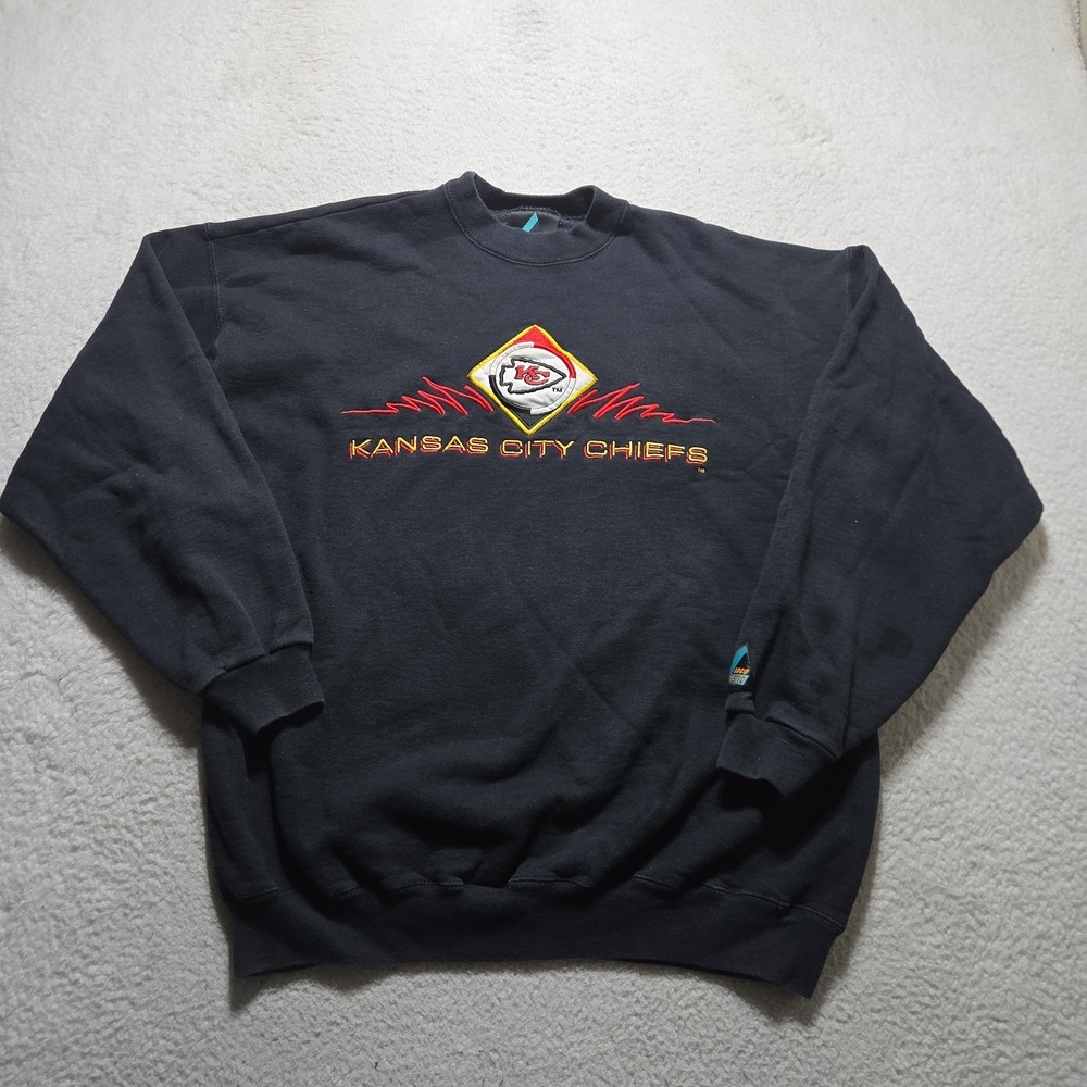 VTG 90s Kansas City Chiefs Sweatshirt Size XL Black Logo 7 NFL Faded USA Made